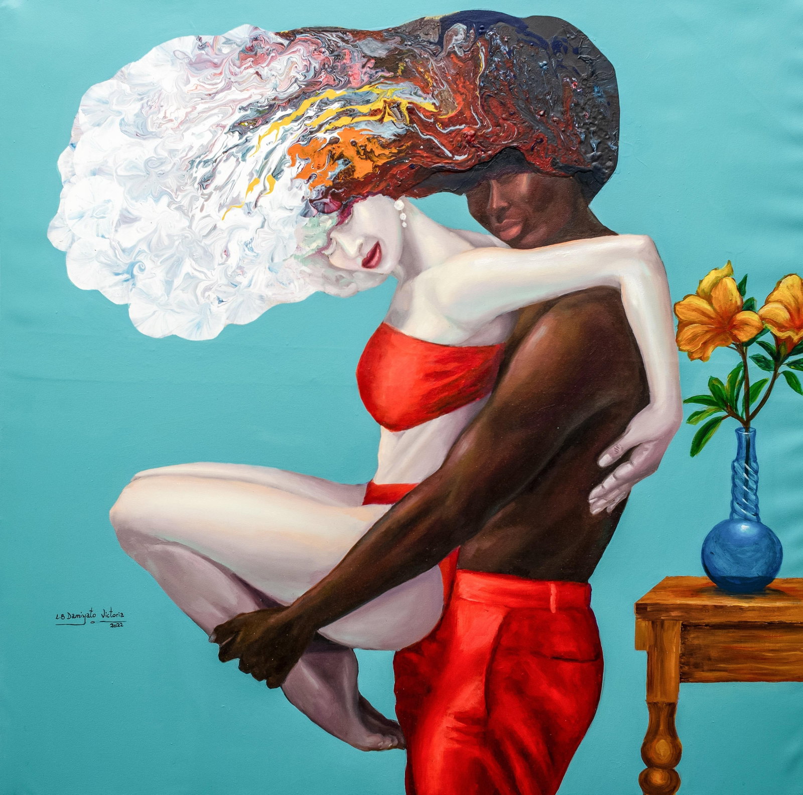 Boluwatife Victoria Lawal, Symbiosis, 2022: Creator: Boluwatife Victoria Lawal (1995, Nigerian) Creation Year: 2022 Dimensions: Height: 36 in (91.44 cm)Width: 36 in (91.44 cm)Depth: 1 in (2.54 cm) Medium: Canvas,Acrylic Movement & Style: