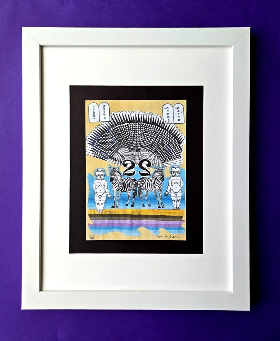 Pedro Friedeberg – “ ZEBRAS & SYMMETRY ” | Surrealist Symbolic Signed Print: We have for Sale this PEDRO FRIEDEBERG AWESOME PRINT ON PAPER " ZEBRAS 7 ZYMMETRY " FACSIMILE SIGNED FULL OF COLOR PRINT SIZE OF THE PRINT: 7 X 5 in FRAME COVERS AN AREA OF 15 X 12 in MOUNTED AND