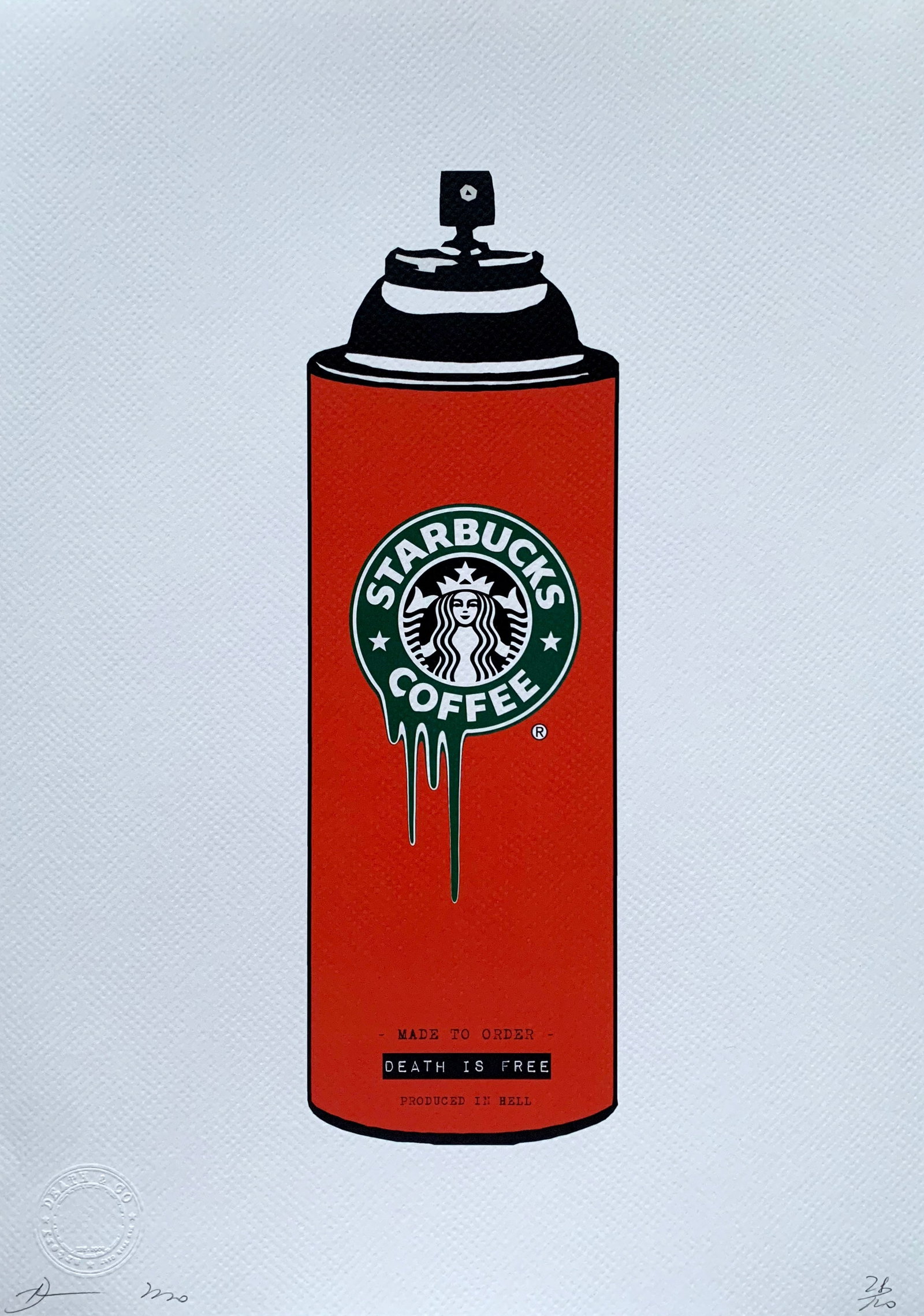 Death NYC Starbucks: Title:Death NYC Starbucks Date/Period21st Century Materials:Giclee on Fine art 300 gsm paper Size:17 3/4 x 12 1/2 inches Description:Artist: Death NYC, limited edition giclee on paper, out of