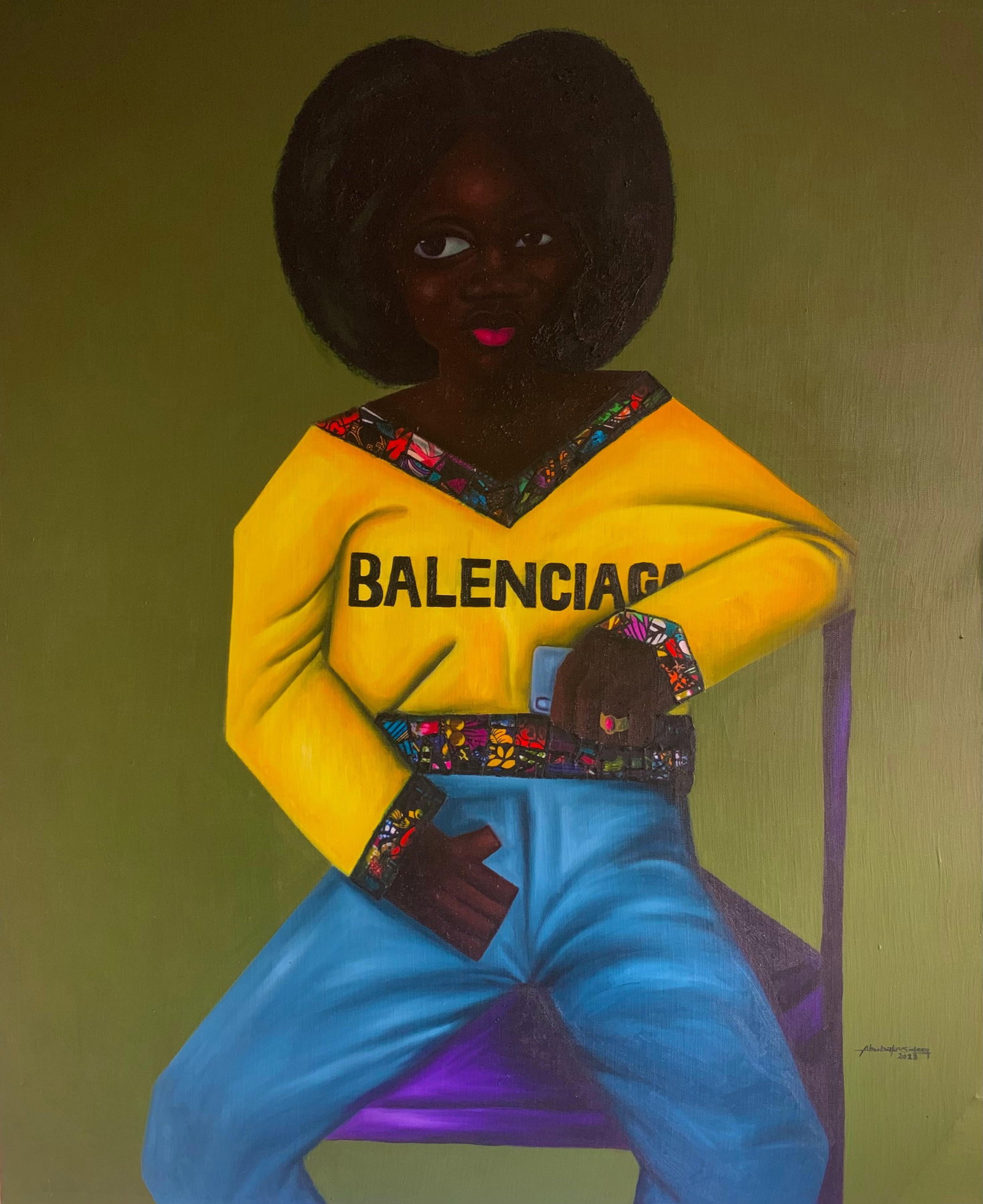 Bakare Abubakri-sideeq Babatunde, Threads of Resilience, 2023: Creator: Bakare Abubakri-sideeq Babatunde (1992, Nigerian) Creation Year: 2023 Dimensions: Height: 60 in (152.4 cm)Width: 50 in (127 cm)Depth: 1 in (2.54 cm) Medium: Fabric,Canvas,Oil Movement &