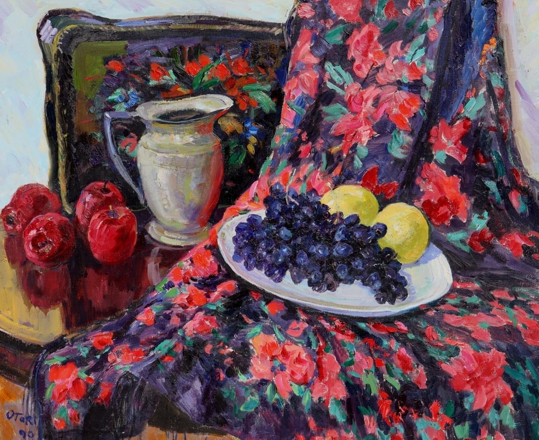 Otari Georgievich Shiukashvili Russian Dark Grapes w Apples oil painting 1990 - 2