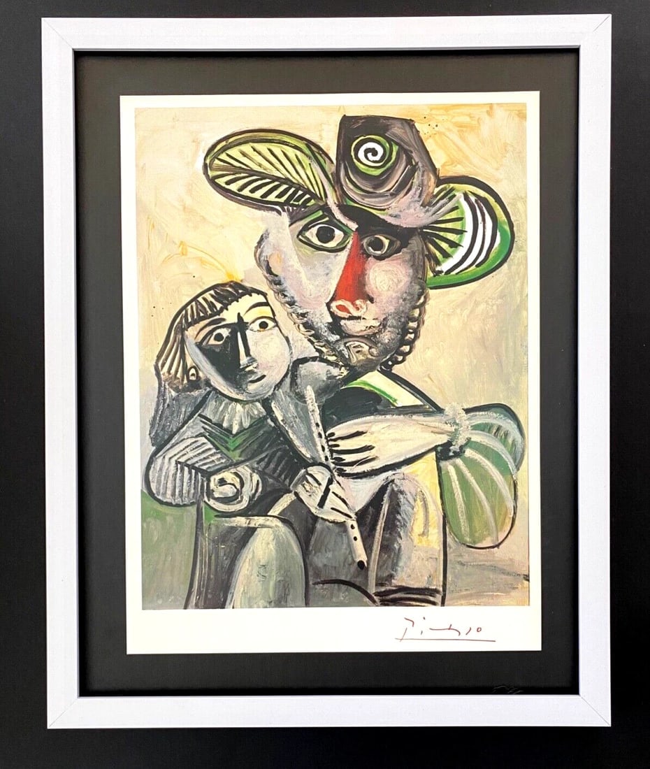 PABLO PICASSO + 1972 SIGNED VINTAGE FATHERHOOD PRINT WITH NEW FRAME: This is a Beautiful and Scarce 1972 Print after PABLO PICASSO " FIGURE WOMAN " with Facsimile Signature in ink from his Final Paintings Collection Mounted in an acid free black board and Framed