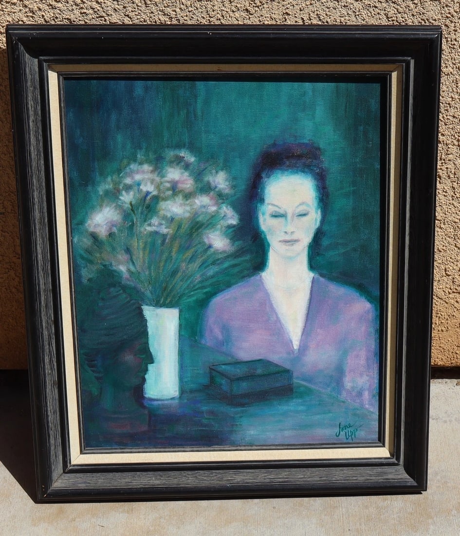 JANE UPP California Artist Woman w/ Flowers & Objects original oil painting 1972: Title:JANE UPP California Artist Woman w/ Flowers & Objects original oil painting 1972 Description:JANE UPP. California artist lived in Solana Beach. Woman with Flowers and Objects, 1972. Artist's tit