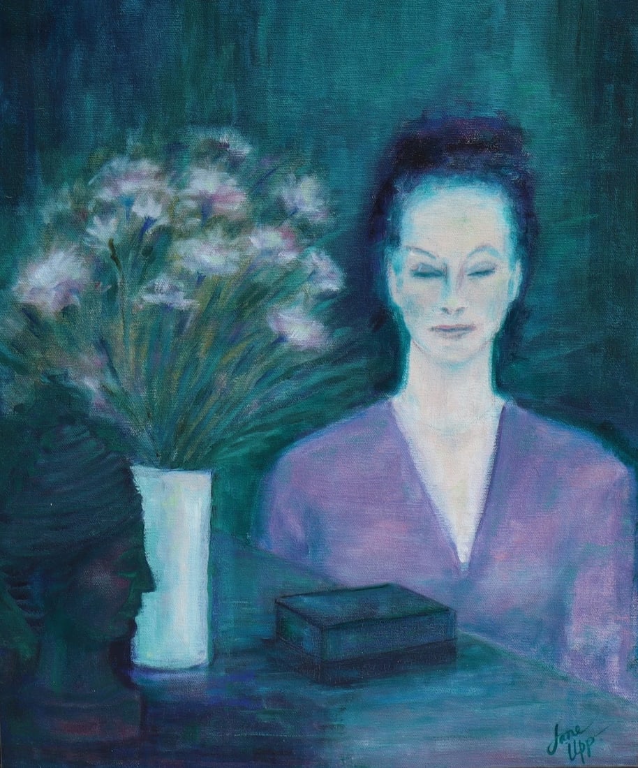 JANE UPP California Artist Woman w/ Flowers & Objects original oil painting 1972 - 2