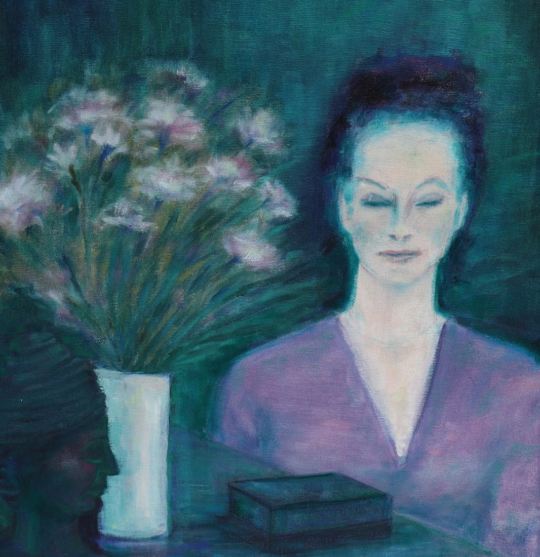 JANE UPP California Artist Woman w/ Flowers & Objects original oil painting 1972 - 3