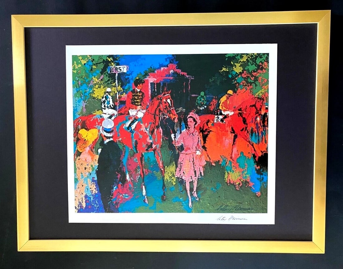 LEROY NEIMAN + QUEEN ELIZABETH AT ASCOT + CIRCA 1970'S + SIGNED PRINT FRAMED: We have for Sale this LEROY NEIMAN AWESOME 1970'S PRINT AFTER THE SERIGRAPH " QUEEN ELIZABETH AT ASCOT " FACSIMILE SIGNED IN INK FULL OF COLOR PRINT SIZE OF THE PRINT: 14 X 11 in FRAME COVERS AN AREA 