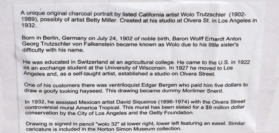 WOLO TRUTZSCHLER Olvera Street Caricature Artist Charcoal Portrait of Lady 1932 - 5