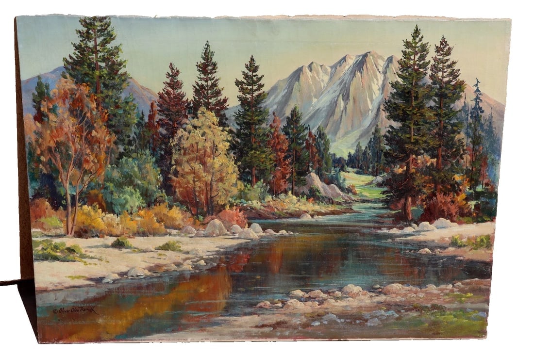 OLIVER GLEN BARRETT Original oil Calif plein air Landscape with Stream Unframed: Title:OLIVER GLEN BARRETT Original oil Calif plein air Landscape with Stream Unframed Description:OLIVER GLEN BARRETT (1903-1970 California artist). Circa 1940s original oil painting. Plein air colorf