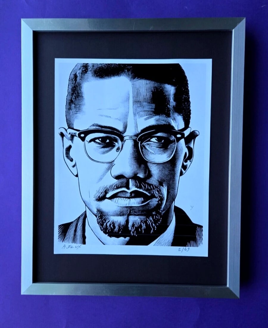 AIDAN FLUX | Hand Signed Authentic Print Framed MALCOM X COA: This is a one-of-a-kind Hand Signed Authentic Giclee by AIDAN FLUX. From his Series "American Icons" The artist has created a stunning piece of art that features a powerful message about empowerment.