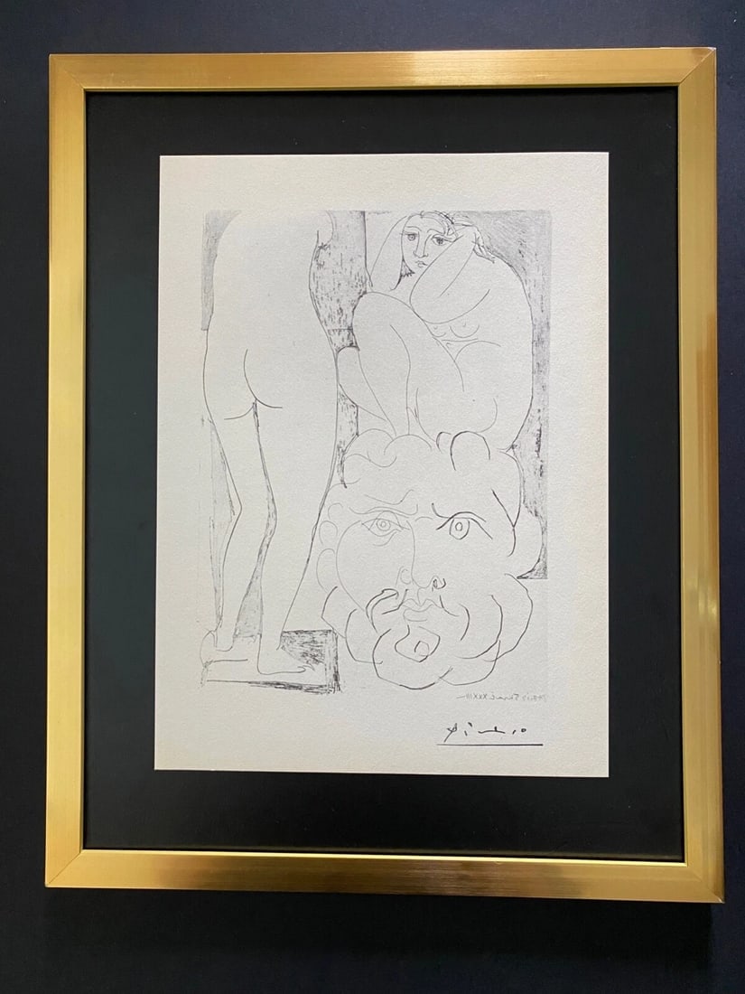 PABLO PICASSO 1955 ARTISTIC figure SIGNED PRINT FRAMED: This is a Beautiful and Scarce ARTISTIC figure 1955 Print After PABLO PICASSO FACSIMILE SIGNED IN INK Mounted and Framed Covering an area of 15x12in. Printed in Beautiful Paper after this Iconic