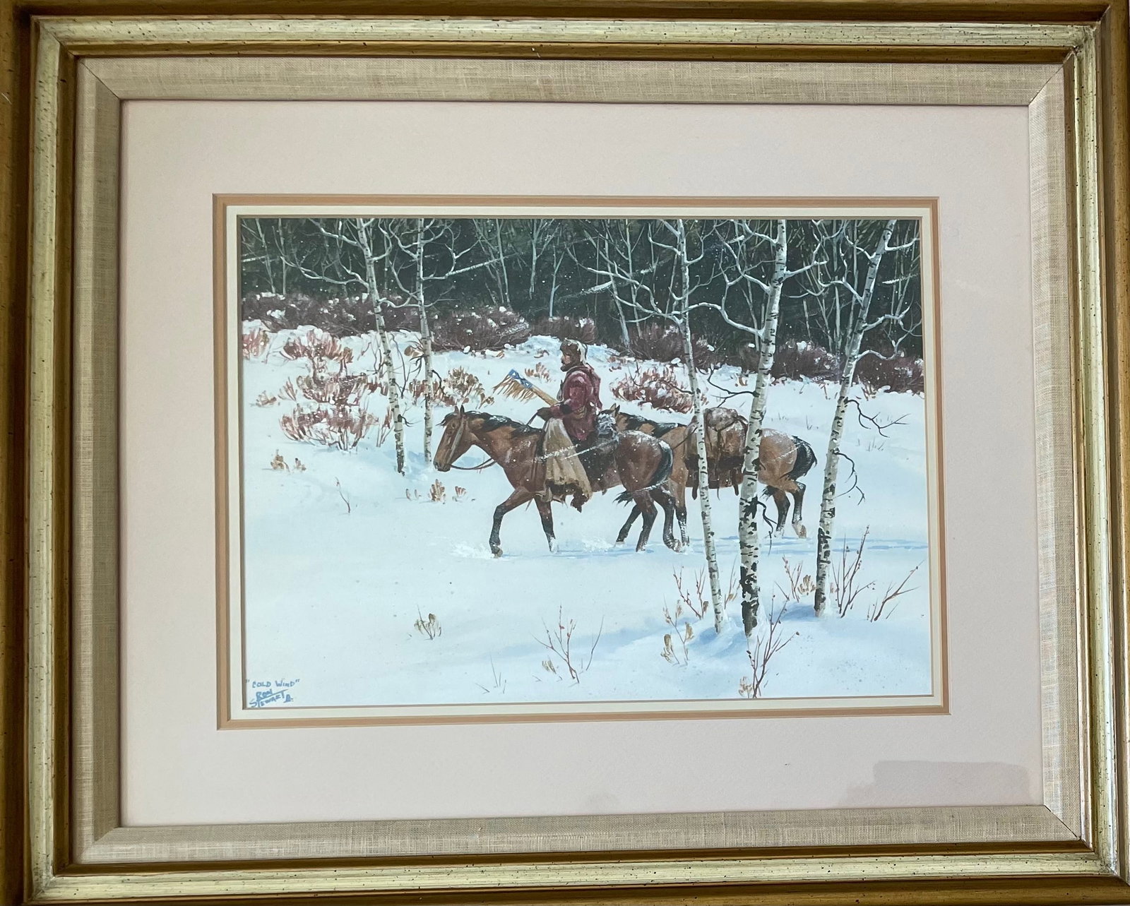 Cold Wind (mountain man with pack horses): Artist: Ron Stewart Title:Cold Wind (mountain man with pack horses) Description: Mountain man leading pack horses through the snow. Watercolor and gouache painting under glass. Ron Stewart is a