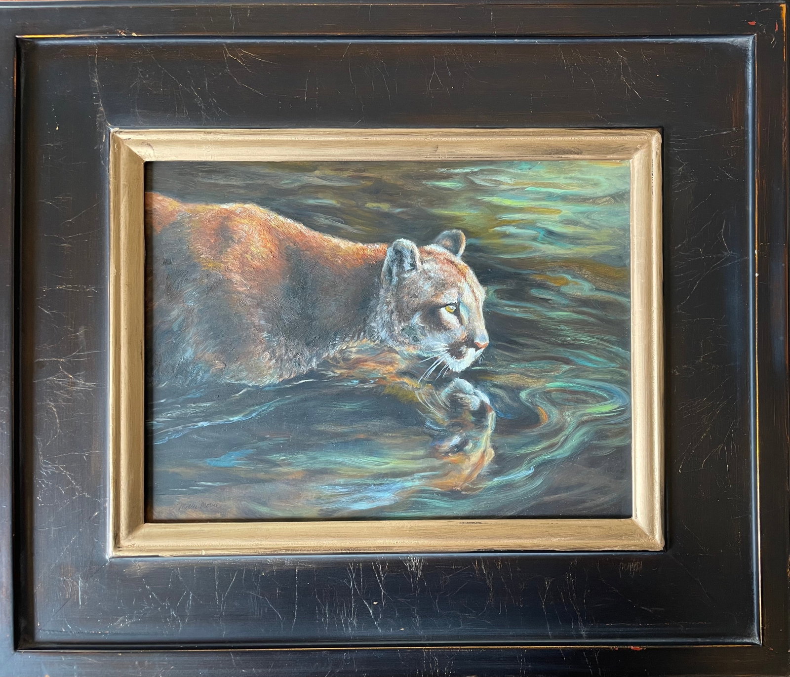 Cool Reflections (Mountain Lion): Artist: Molly Moore Title:Cool Reflections (Mountain Lion) Description: Molly Moore, a Wyoming artist, and Wyoming Women of the West, is known for her paintings of equine and wildlife, empowers women 