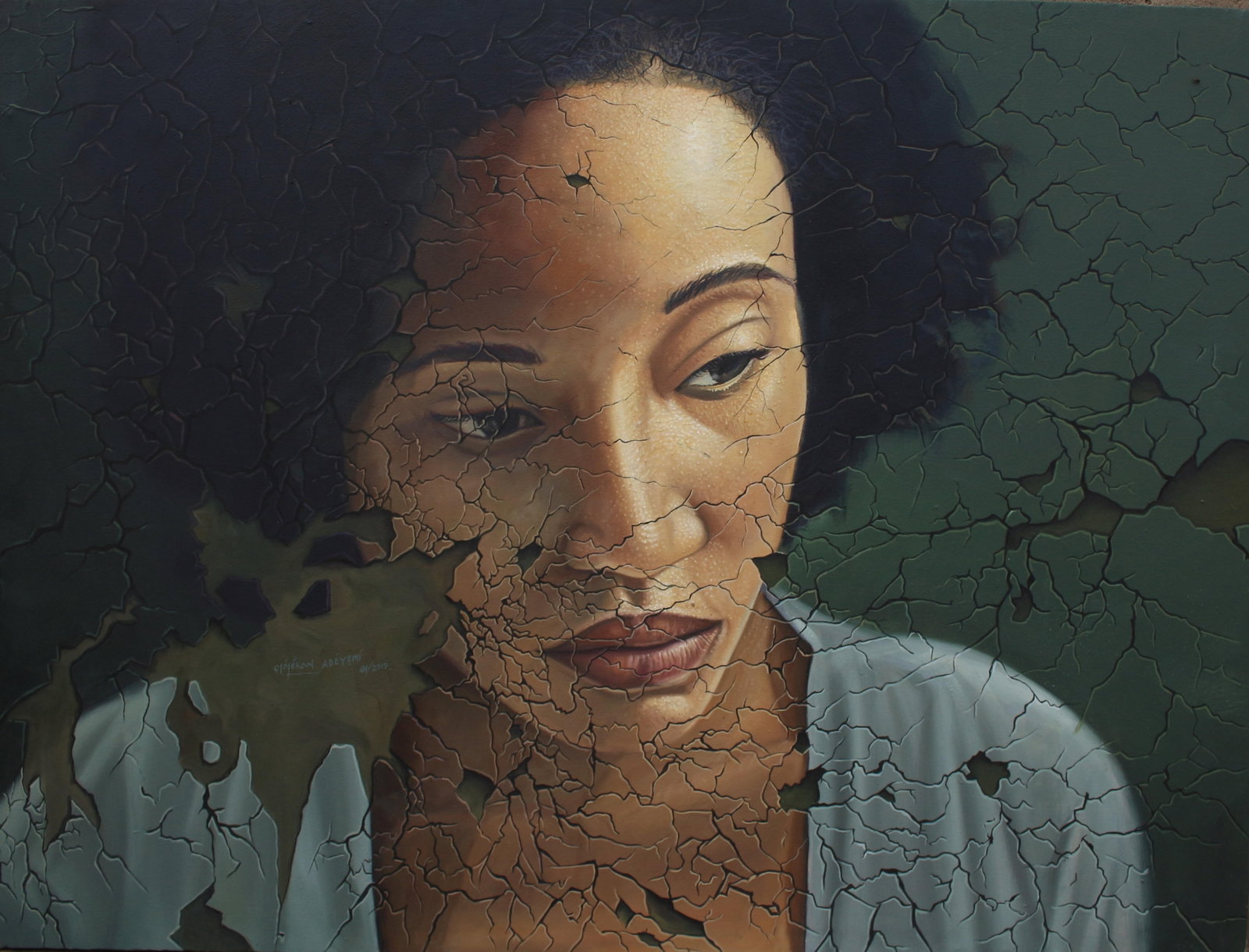 Olalekan Adeyemi, Ireti (Hope), 2019: Creator: Olalekan Adeyemi (1988, Nigerian) Creation Year: 2019 Dimensions: Height: 81.2 in (206.25 cm)Width: 38.2 in (97.03 cm)Depth: 1 in (2.54 cm) Medium: Canvas,Oil Movement & Style: Photorealist