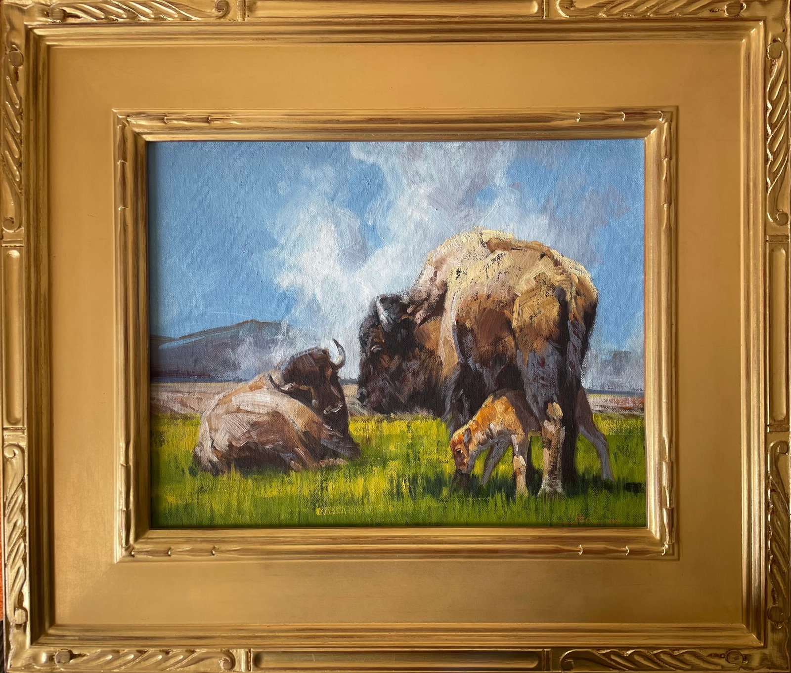 Untitled (Bison with calf): Artist: JTE (signed with initials) Title:Untitled (Bison with calf) Description: This oil painting depicts two bison with their calf before a landscape of hot geyser steam, likely in the Yellowstone