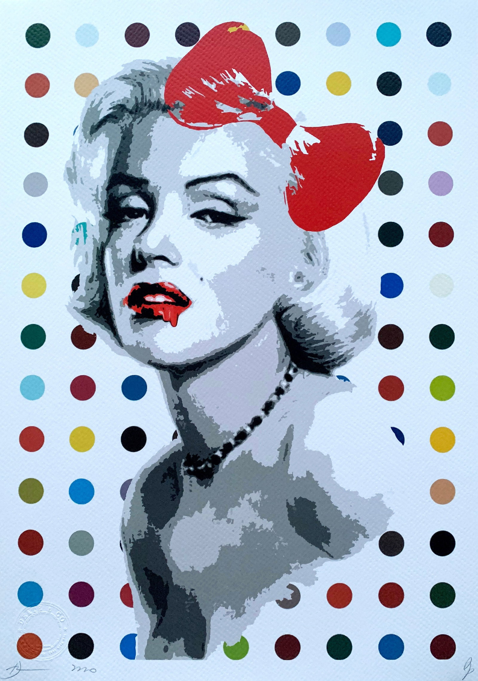 Death NYC Damien Hirst Monroe: Title:Death NYC Damien Hirst Monroe Date/Period21st Century Materials:Giclee on Fine art 300 gsm paper Size:17 3/4 x 12 1/2 inches Description:Artist: Death NYC, limited edition giclee on paper, out o