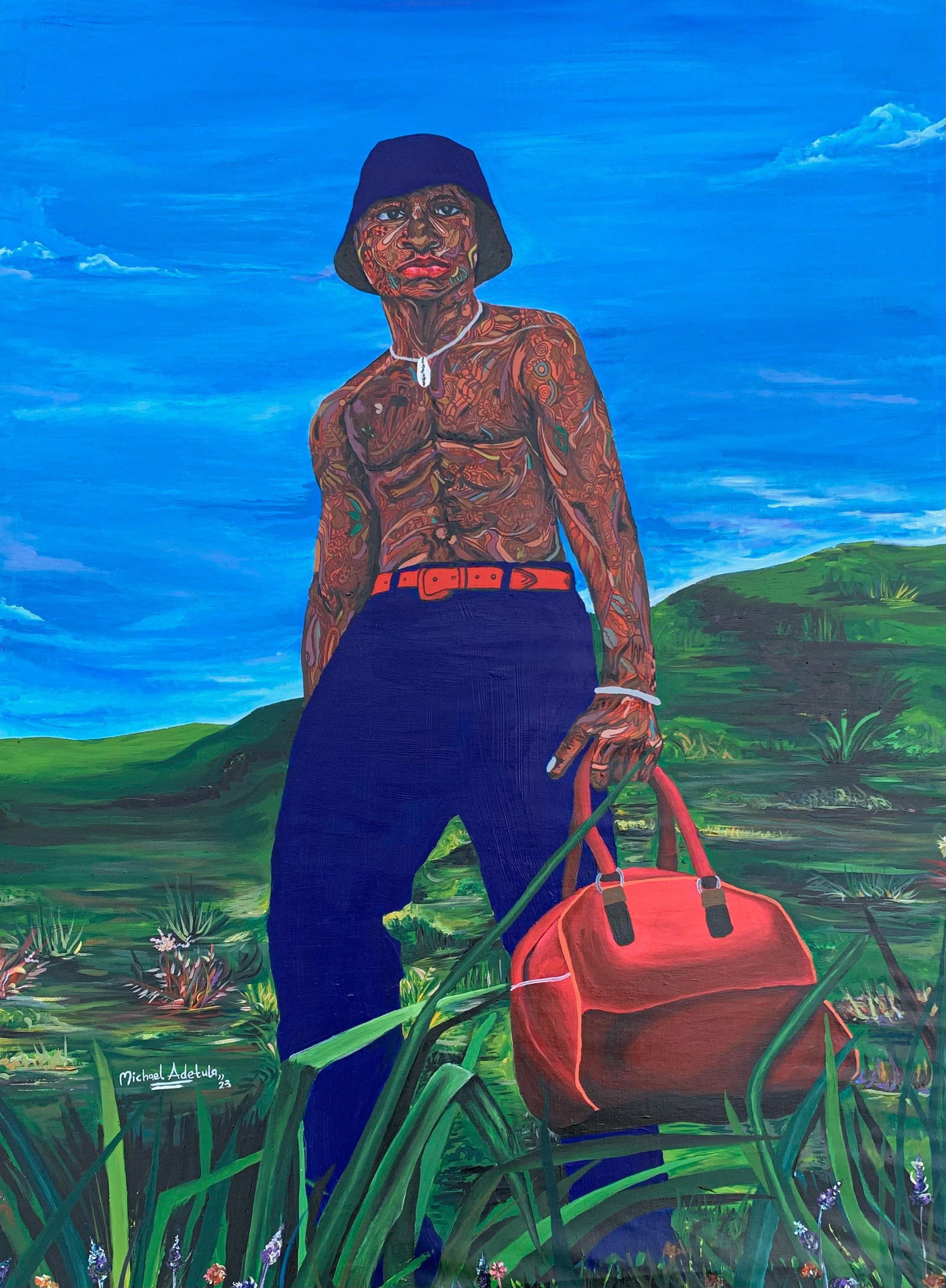 Michael Adetula, Far From Home, 2023: Creator: Michael Adetula (1998, Nigerian) Creation Year: 2023 Dimensions: Height: 48 in (121.92 cm)Width: 36 in (91.44 cm)Depth: 1 in (2.54 cm) Medium: Canvas,Charcoal,Mixed Media,Acrylic Movement &