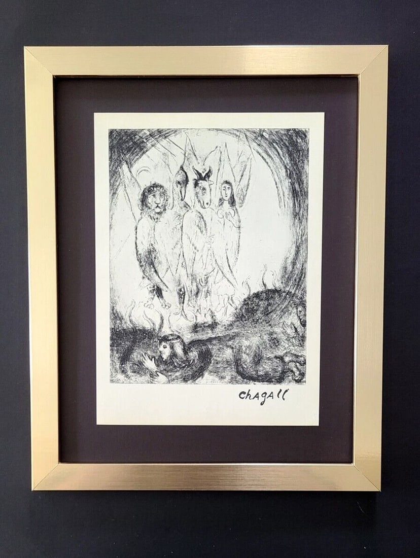 MARC CHAGALL + 1957 AWESOME SIGNED PRINT MOUNTED IN NEW FRAME !!: This is a Beautiful and Scarce 1957 Print after MARC CHAGALL FACSIMILE INK SIGNED From his Lithographs Collection Mounted in an acid free black board and Framed Covering an area of 15x12in. Printed