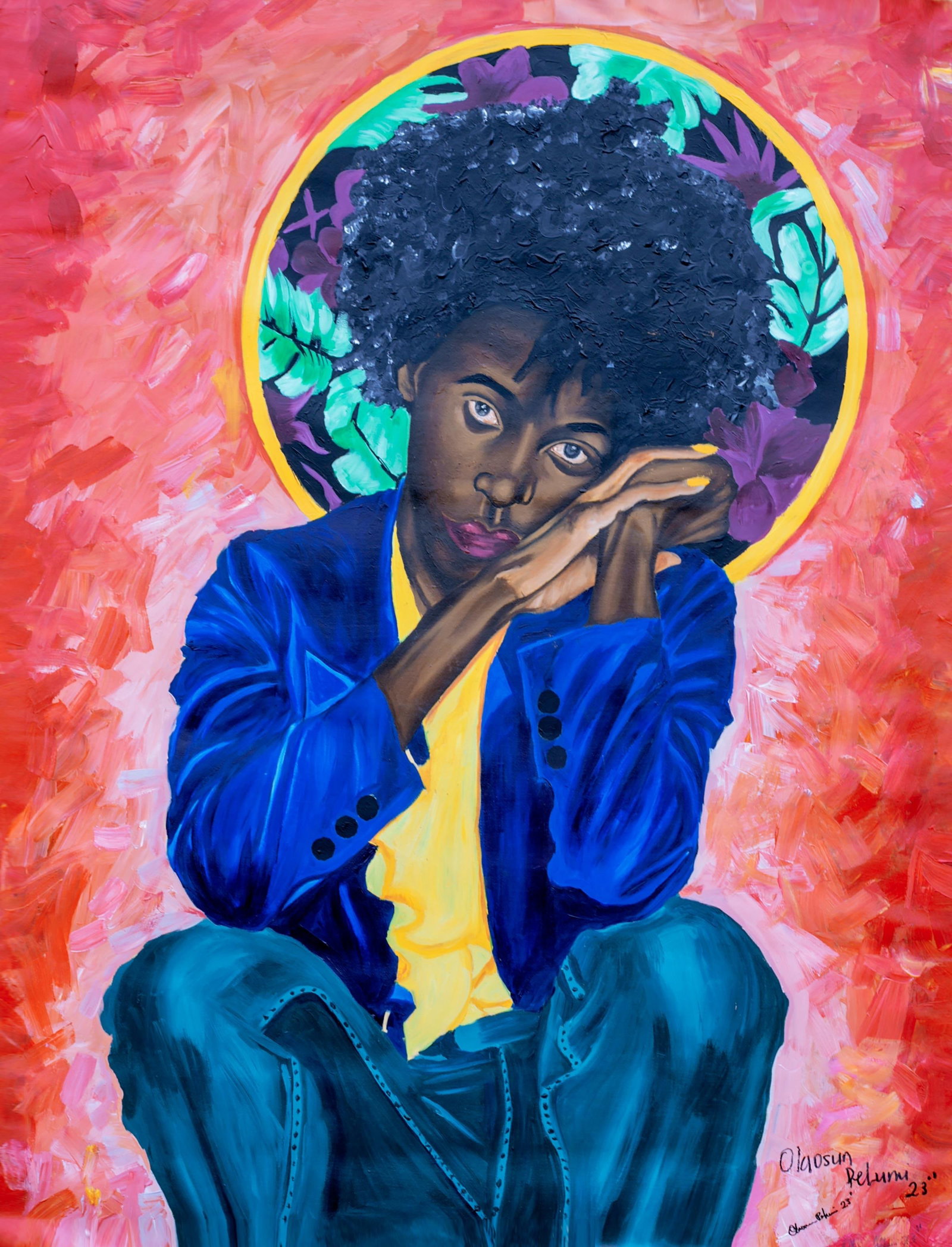 Olaosun Oluwapelumi, Conversation With Myself, 2023: Creator: Olaosun Oluwapelumi (1995, Nigerian) Creation Year: 2023 Dimensions: Height: 46 in (116.84 cm)Width: 34 in (86.36 cm)Depth: 1 in (2.54 cm) Medium: Canvas,Mixed Media,Oil,Acrylic Movement &