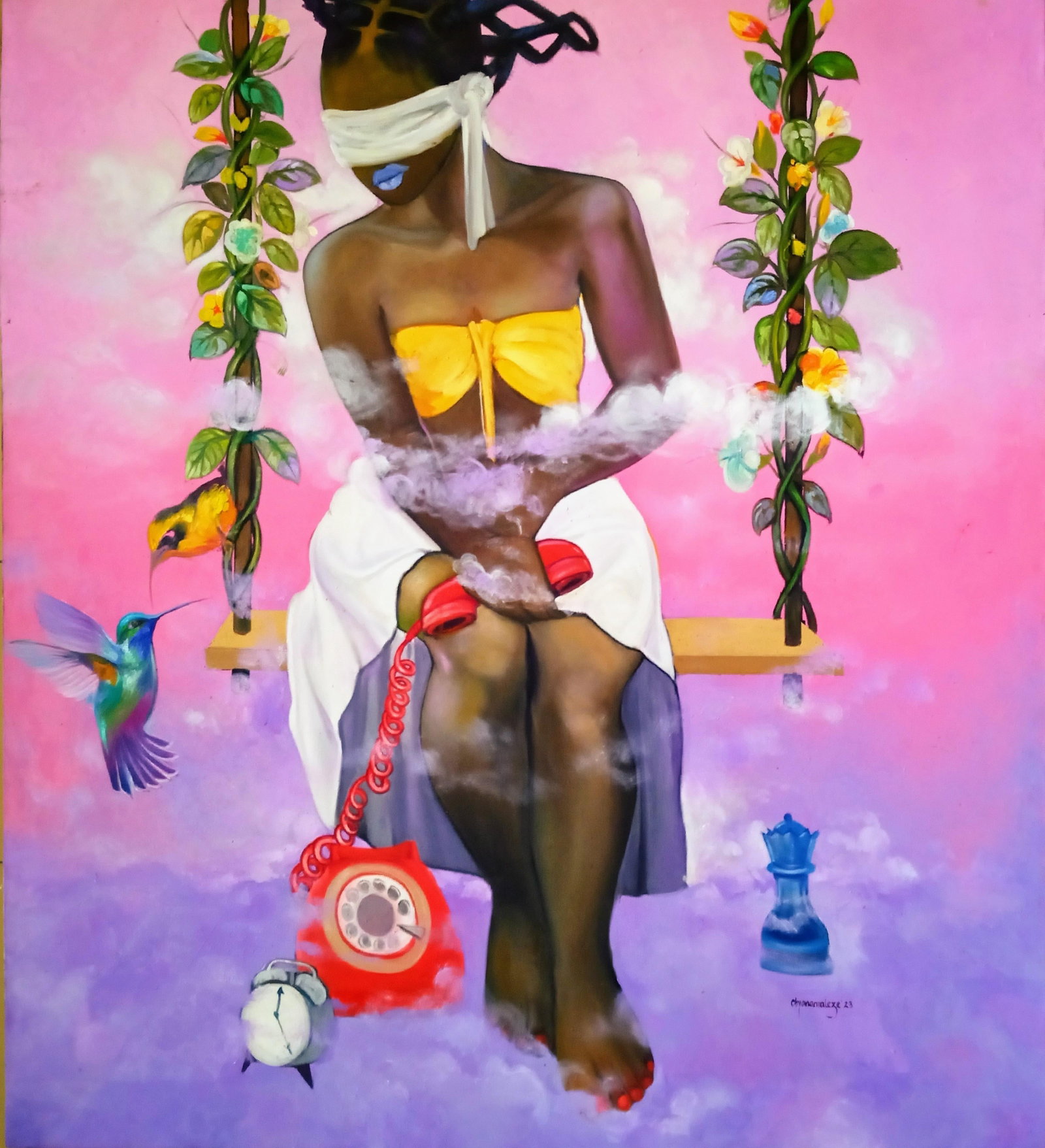 Obiora Anamaleze, Elevated, 2023: Creator: Obiora Anamaleze (1975, Nigerian) Creation Year: 2023 Dimensions: Height: 60 in (152.4 cm)Width: 54 in (137.16 cm)Depth: 1 in (2.54 cm) Medium: Canvas,Oil Movement & Style: Expressionist