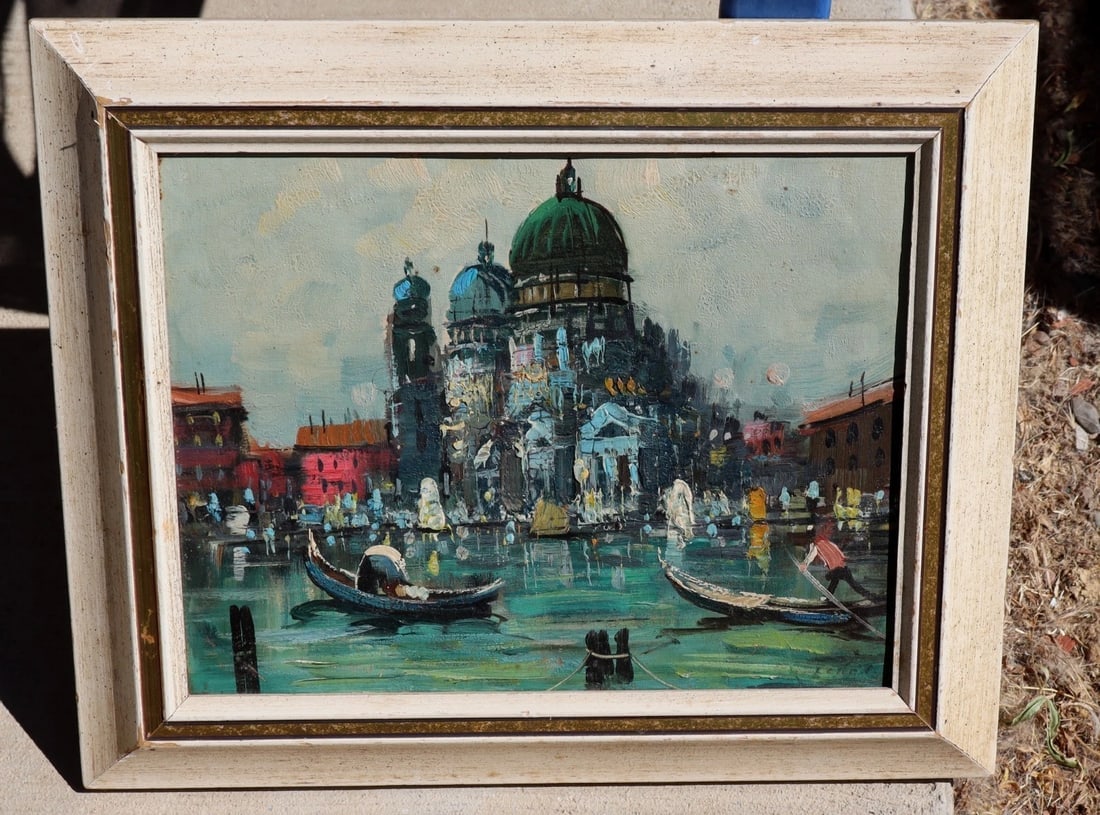 Mystery Artist Santa Maria Della Salute Church Venetian Gondoliers on Canal oil: Title:Mystery Artist Santa Maria Della Salute Church Venetian Gondoliers on Canal oil Description:Mystery Artist. Santa Maria Della Salute Church with Venetian Gondoliers on the Canal, Venice Italy,