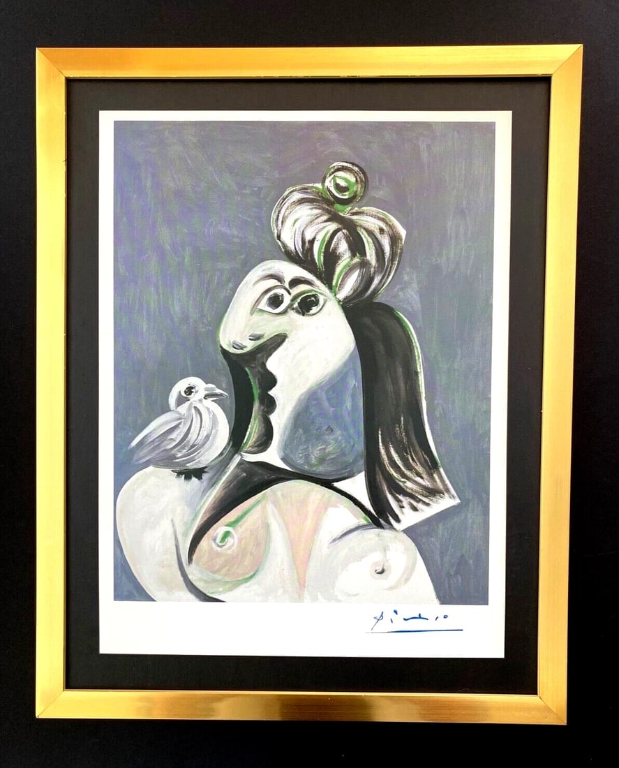 PABLO PICASSO + 1972 SIGNED VINTAGE FIGURE PRINT WITH NEW FRAME: This is a Beautiful and Scarce 1972 Print after PABLO PICASSO " WOMAN WITH BIRD " with Facsimile Signature in ink from his Final Paintings Collection Mounted in a black board and Framed covering an
