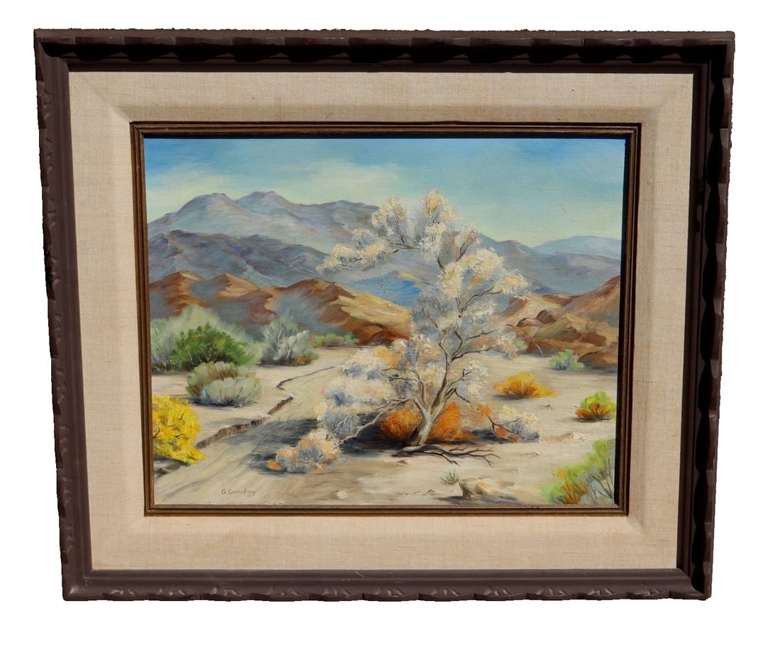 G. Carruthers California Desert Scene with Smoke Trees oil painting 1971: Title:G. Carruthers California Desert Scene with Smoke Trees oil painting 1971 Description:G. Carruthers. California Desert Scene with Smoke Trees, 1971, 16-1/4" x 20-1/4" oil on canvas (framed size: