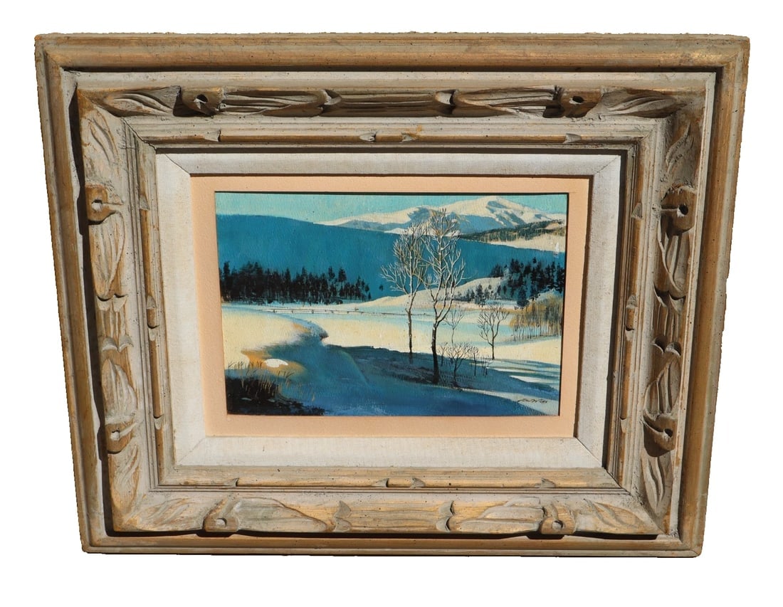 REN WICKS Original Gouache on Board Rocky Mountain Winter: Title:REN WICKS Original Gouache on Board Rocky Mountain Winter Description:REN WICKS (1911-1997). Rocky Mountain Winter, Circa 1980, Gouache on Board, 9" x 12" painting size (framed size: 17-1/4" x 2