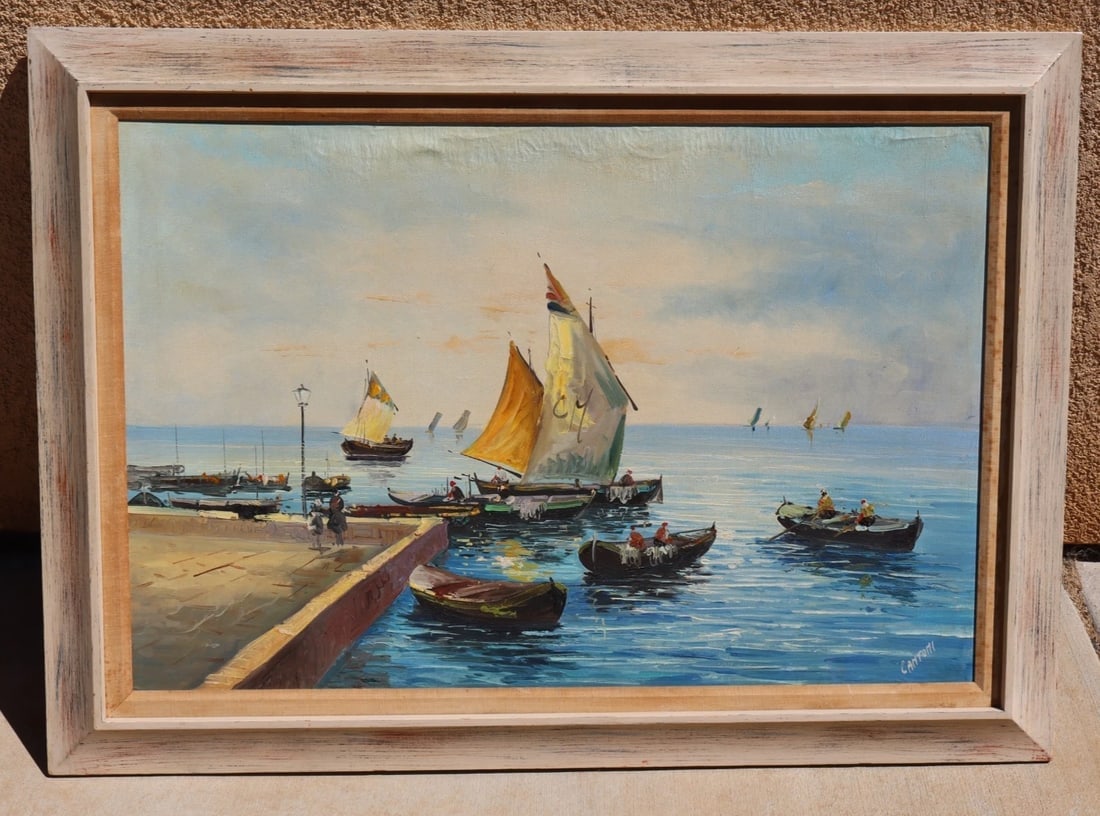 Italian Seaport with Fishing Boats oil painting signed Cantoni: Title:Italian Seaport with Fishing Boats oil painting signed Cantoni Description:Italian Seaport with Fishing Boats, 24" x 36" oil on board (framed size: 32" x 43") signed lower right: Cantoni. As is
