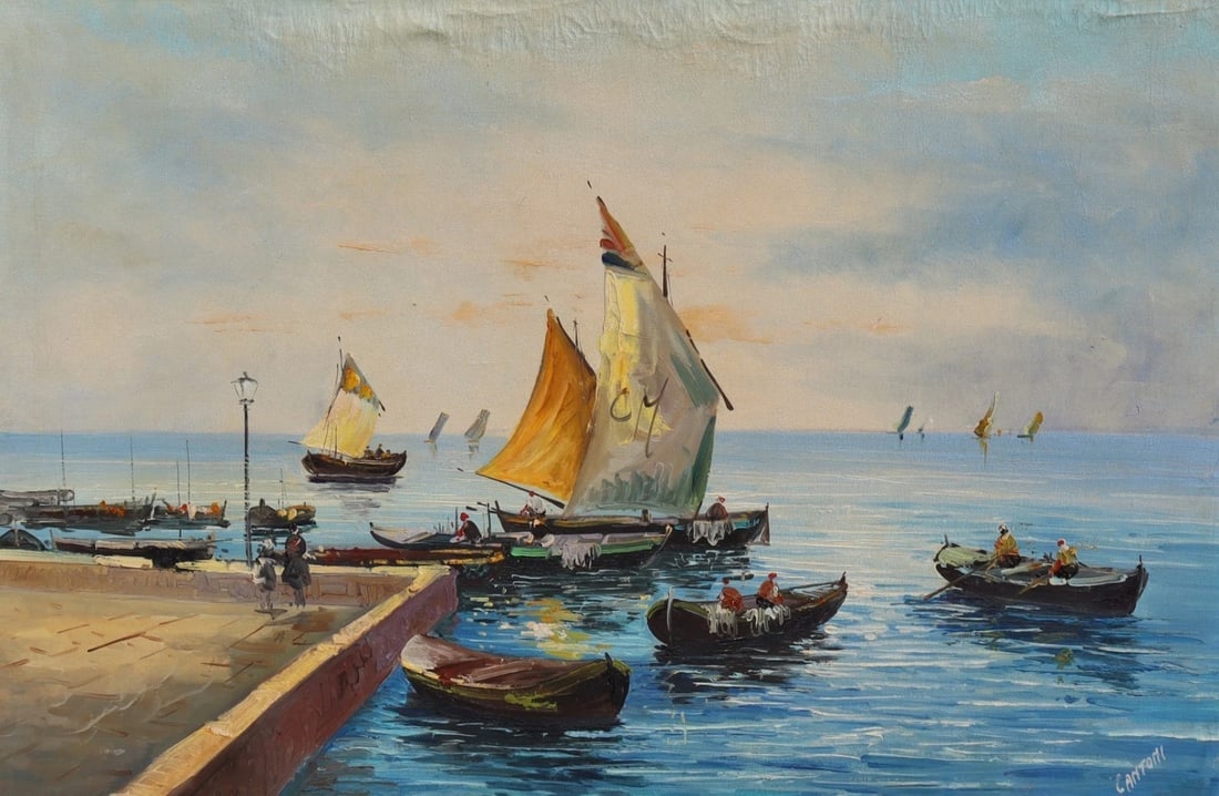 Italian Seaport with Fishing Boats oil painting signed Cantoni - 2