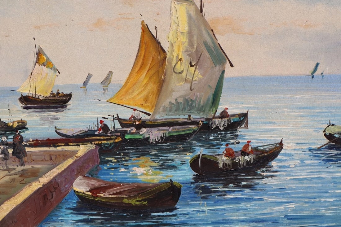 Italian Seaport with Fishing Boats oil painting signed Cantoni - 5