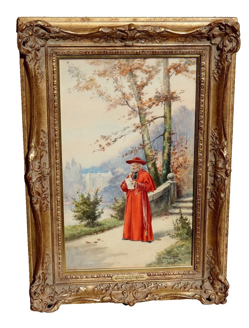 ALFRED CHARLES WEBER Original Belle Epoque Watercolor Cardinal in Vatican Garden: Title:ALFRED CHARLES WEBER Original Belle Epoque Watercolor Cardinal in Vatican Garden Description:Alfred Charles Weber (French 1862-1922). Magnificent Belle Epoque period original painting with a