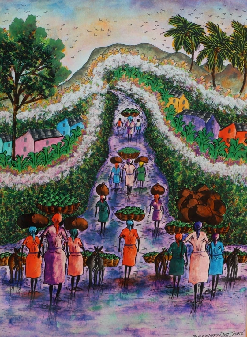 MARTINO DORCE Haitian Figures on a Hillside Path with Baskets watercolor & ink - 2
