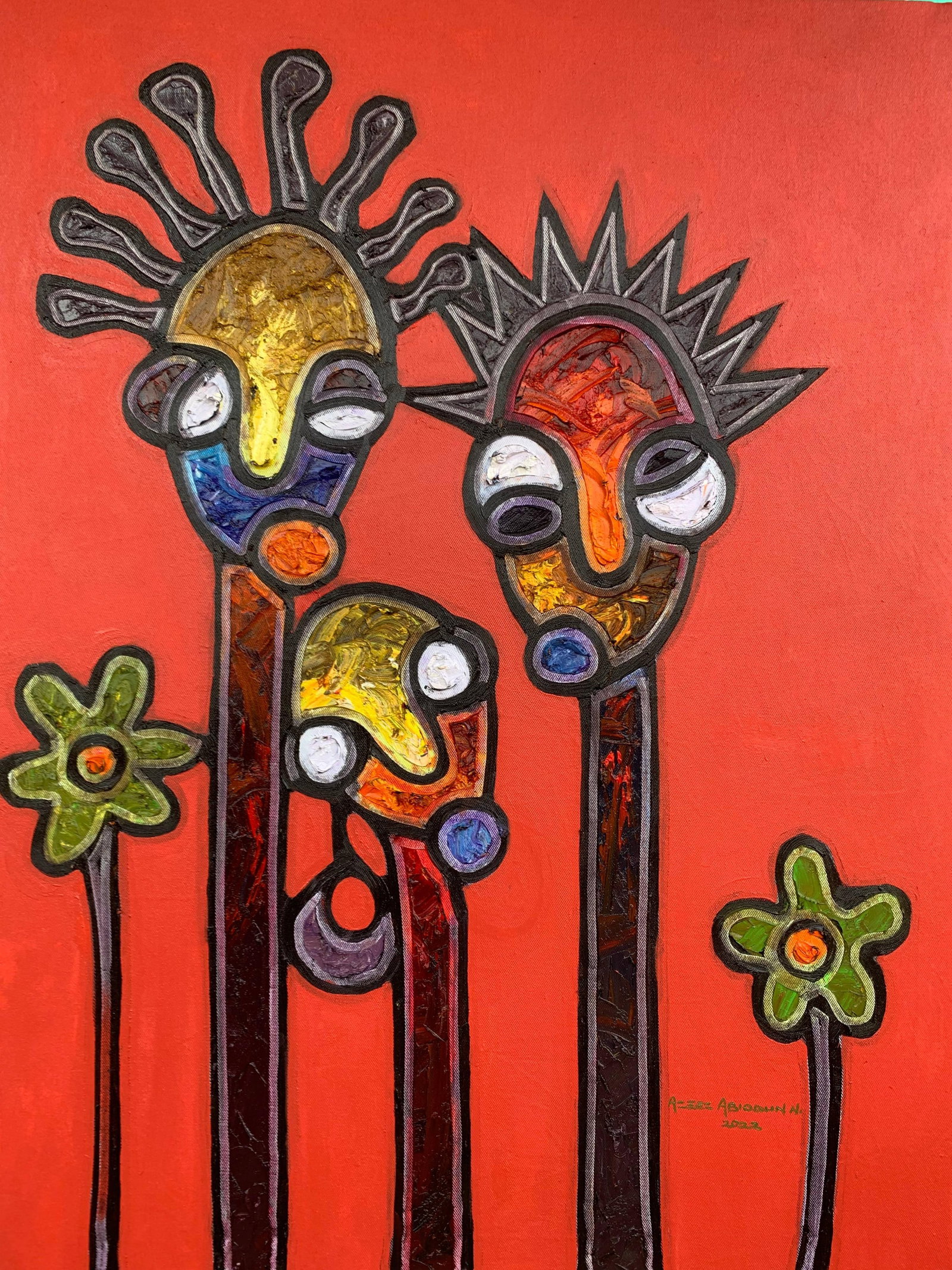 Abiodun Nafiu Azeez, Sisters in the Garden, 2022: Creator: Abiodun Nafiu Azeez (1993, Nigerian) Creation Year: 2022 Dimensions: Height: 39 in (99.06 cm)Width: 30 in (76.2 cm)Depth: 1 in (2.54 cm) Medium: Canvas,Oil,Acrylic Movement & Style: Contempor