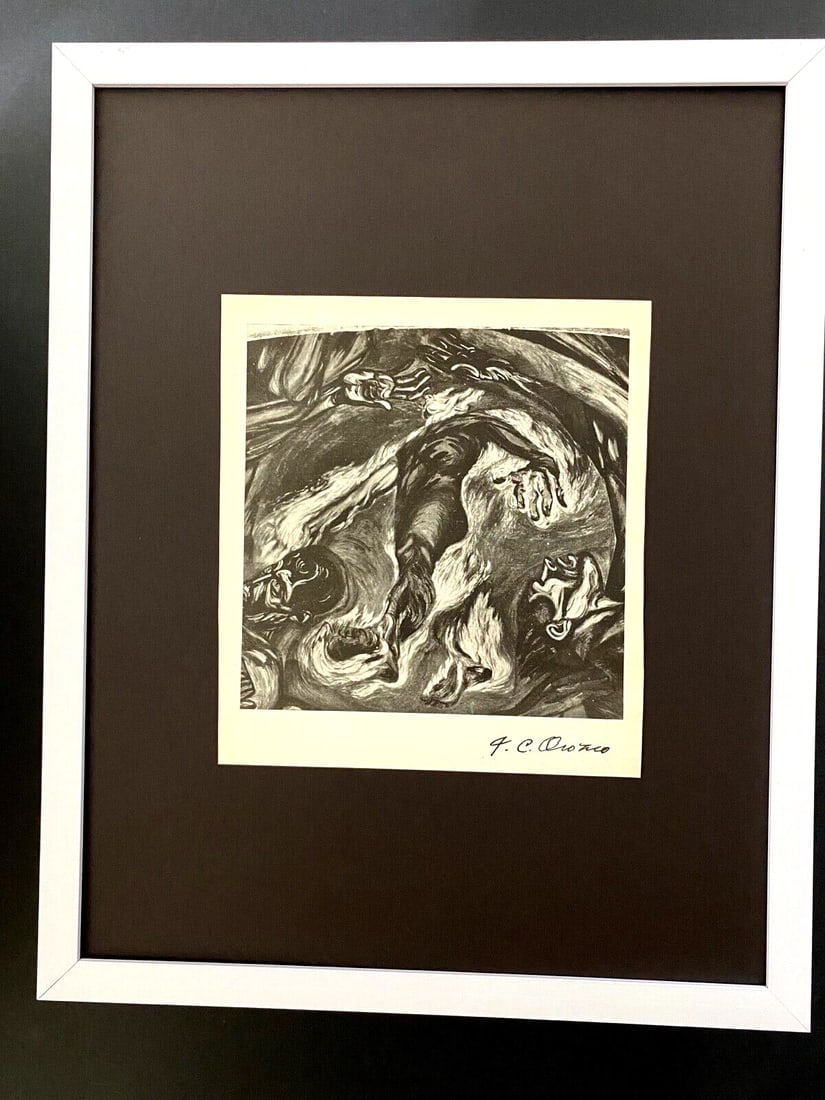JOSE CLEMENTE OROZCO + ORIGINAL 1942 SIGNED VINTAGE PRINT + FRAMED + MEXICO!: This is a Beautiful and Scarce Original 1942 Print After the Masterwork of JOSE CLEMENTE OROZCO Facsimile Signed in Ink Frame covers an area of 15x12 in. Mounted over a black board and Framed.