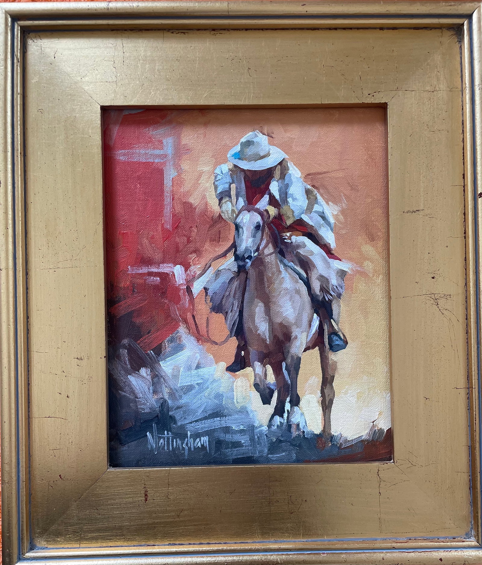 Untitled (cowboy with duster on horse): Artist: Nottingham Title:Untitled (cowboy with duster on horse) Description: Semi-abstract Cowboy Art - expressionist painting; Cowboy Horse Art Materials:oil on panel / board Dimensions:Framed: 15 1/