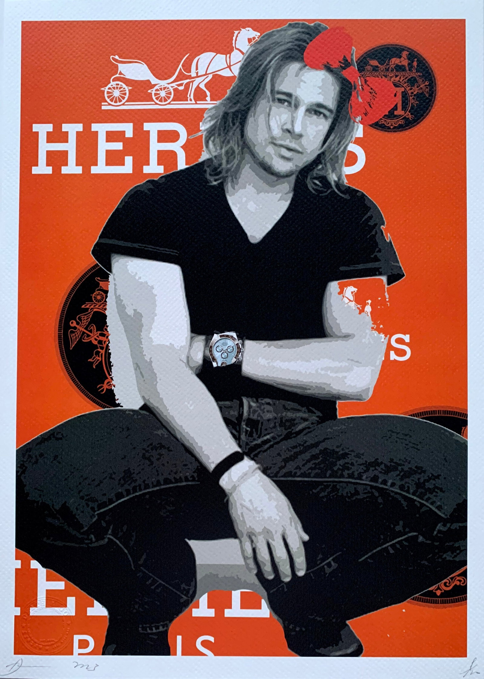 Death NYC Hermes Brad Pitt: Title:Death NYC Hermes Brad Pitt Date/Period21st Century Materials:Giclee on Fine art 300 gsm paper Size:17 3/4 x 12 1/2 inches Description:Artist: Death NYC, limited edition giclee on paper, out of e