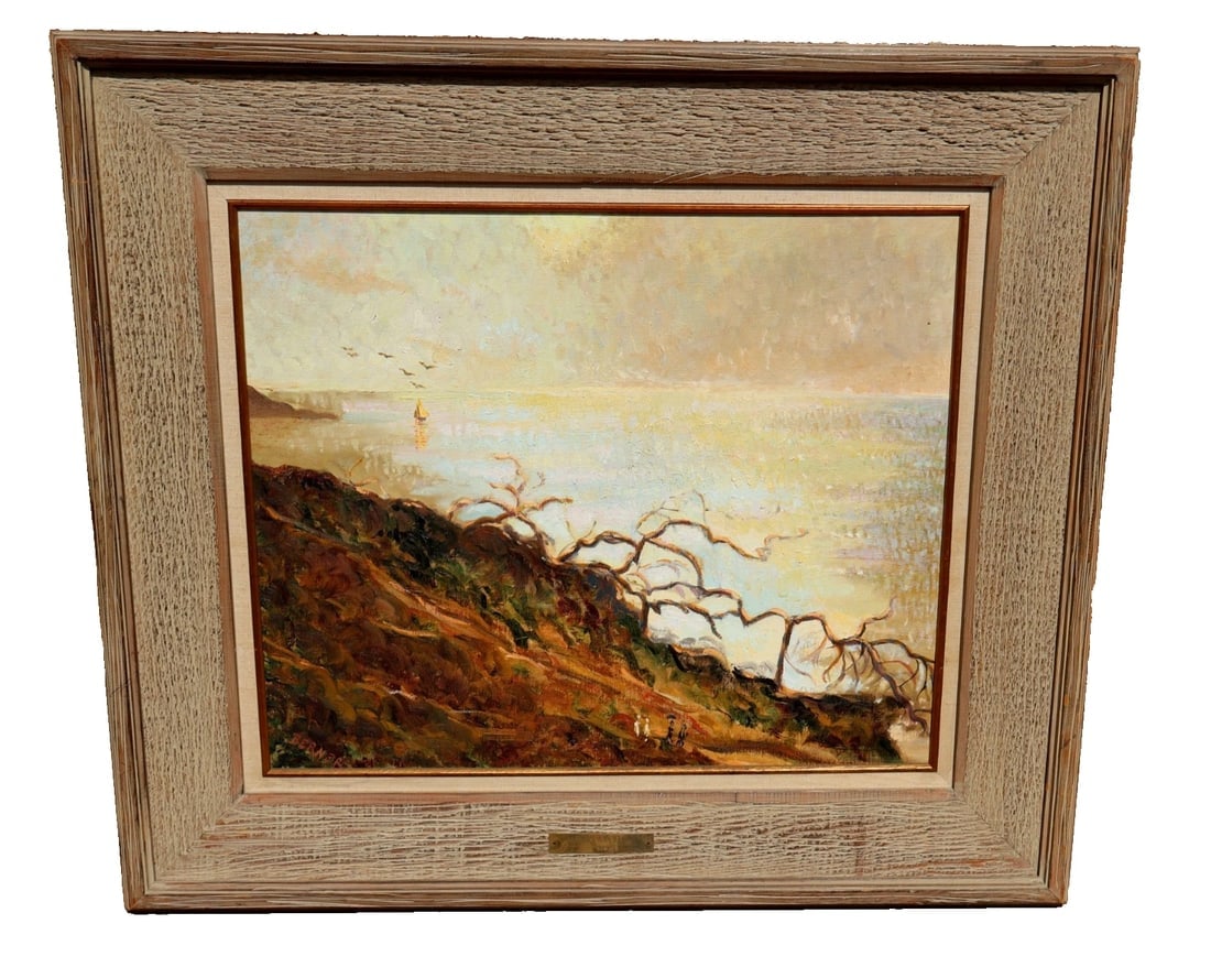BARBARA ANN BERNER Sailboat by the Coast original oil painting 1975: Title:BARBARA ANN BERNER Sailboat by the Coast original oil painting 1975 Description:BARBARA ANN BERNER. Sailboat by the Coast with Tiny Figures Going Down a Path, 1975, 20" x 24" oil on canvas