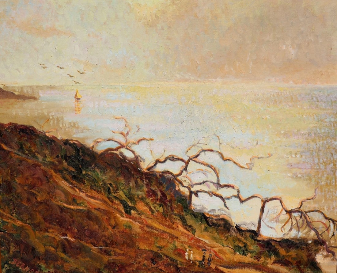 BARBARA ANN BERNER Sailboat by the Coast original oil painting 1975 - 3