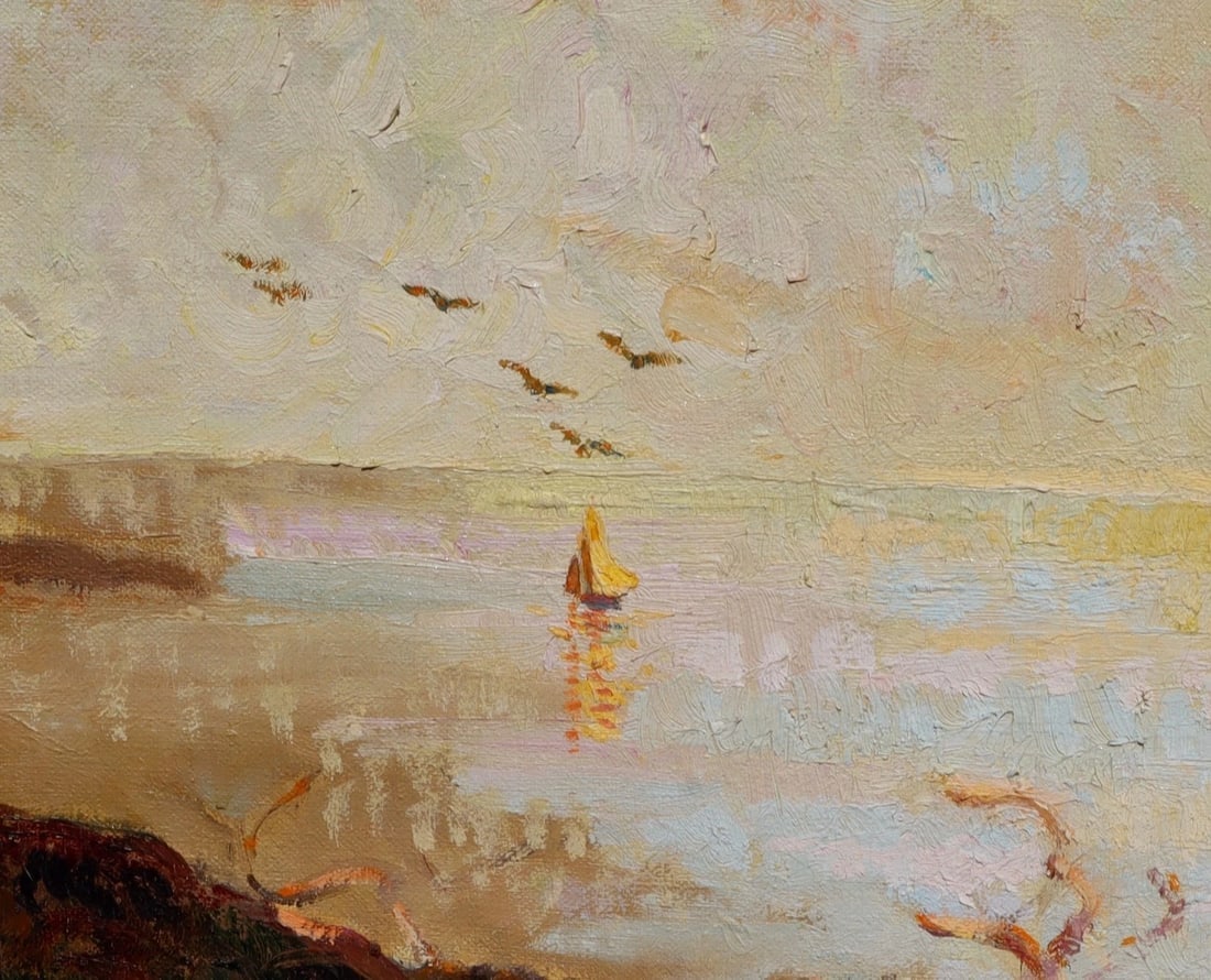 BARBARA ANN BERNER Sailboat by the Coast original oil painting 1975 - 4