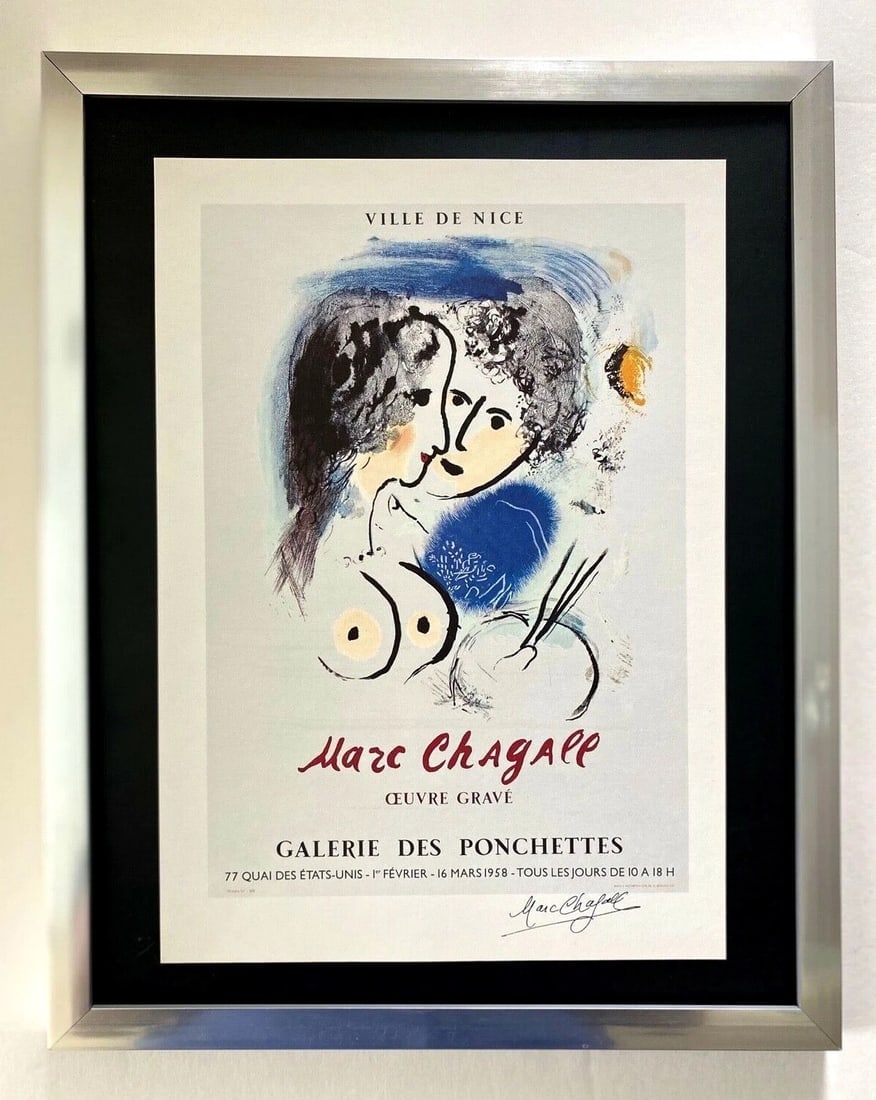 MARC CHAGALL | ORIGINAL VINTAGE 1975 | SIGNED PRINT | MOUNTED AND FRAMED: Beautiful and Scarce Original 1975 Print After Marc Chagall " NICE EXHIBITION POSTER " Facsimile Signature in Ink Published by Sorlier Art Print is about 12 X 8 in. This piece is mounted on a 11 x 14