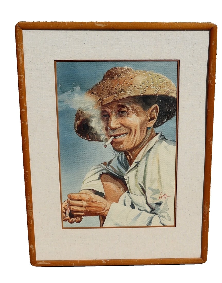 KAM CHEUNG LING Original watercolor Chinese Man in Coolie Hat Smoking Cigarette (1 of 8)