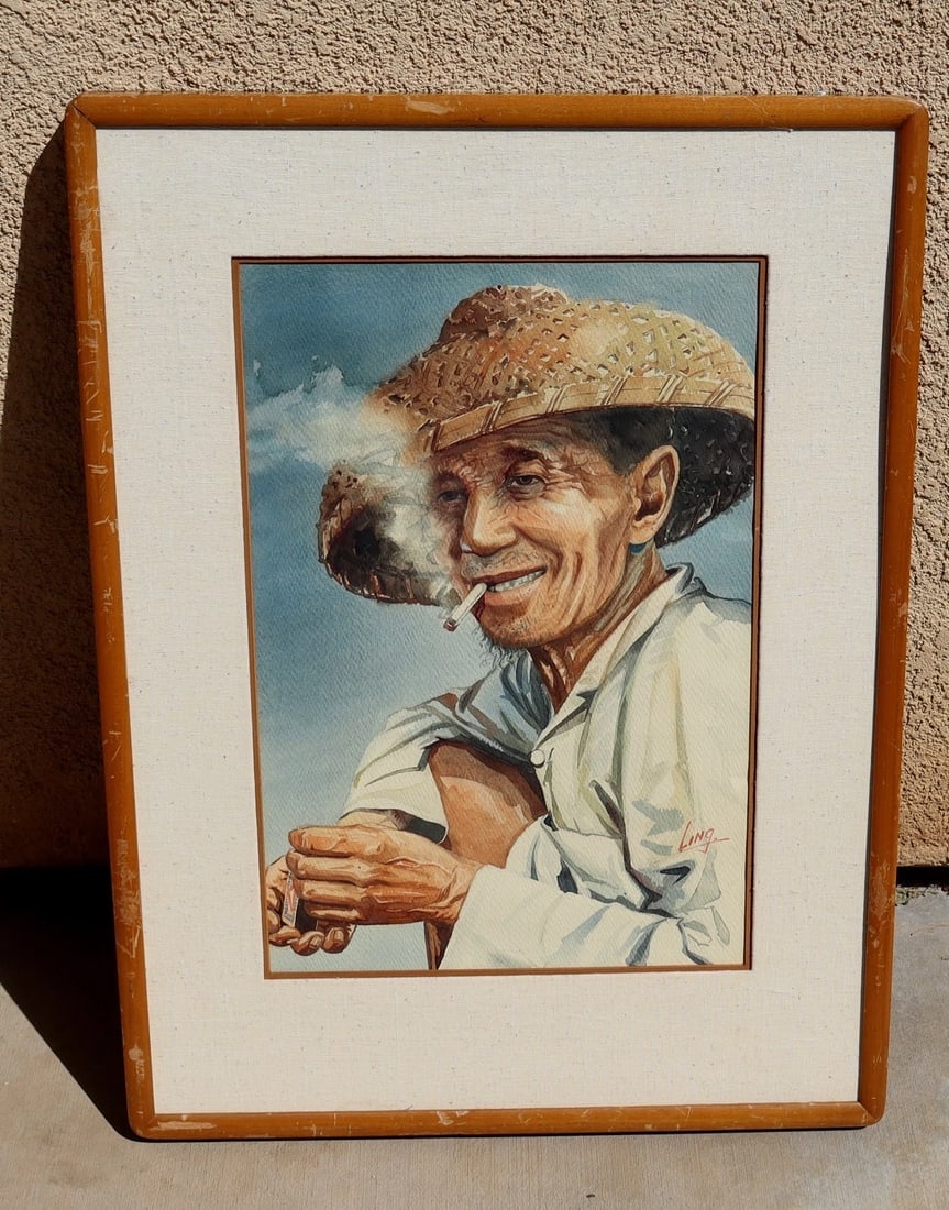 KAM CHEUNG LING Original watercolor Chinese Man in Coolie Hat Smoking Cigarette - 2