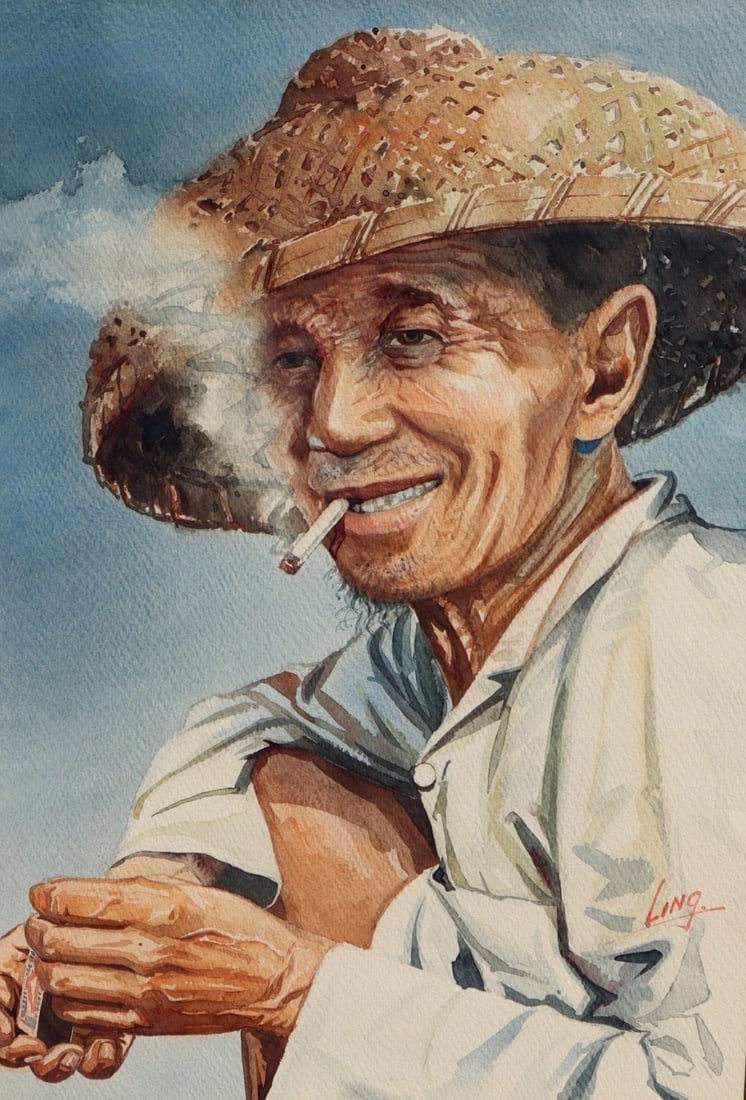 KAM CHEUNG LING Original watercolor Chinese Man in Coolie Hat Smoking Cigarette - 3