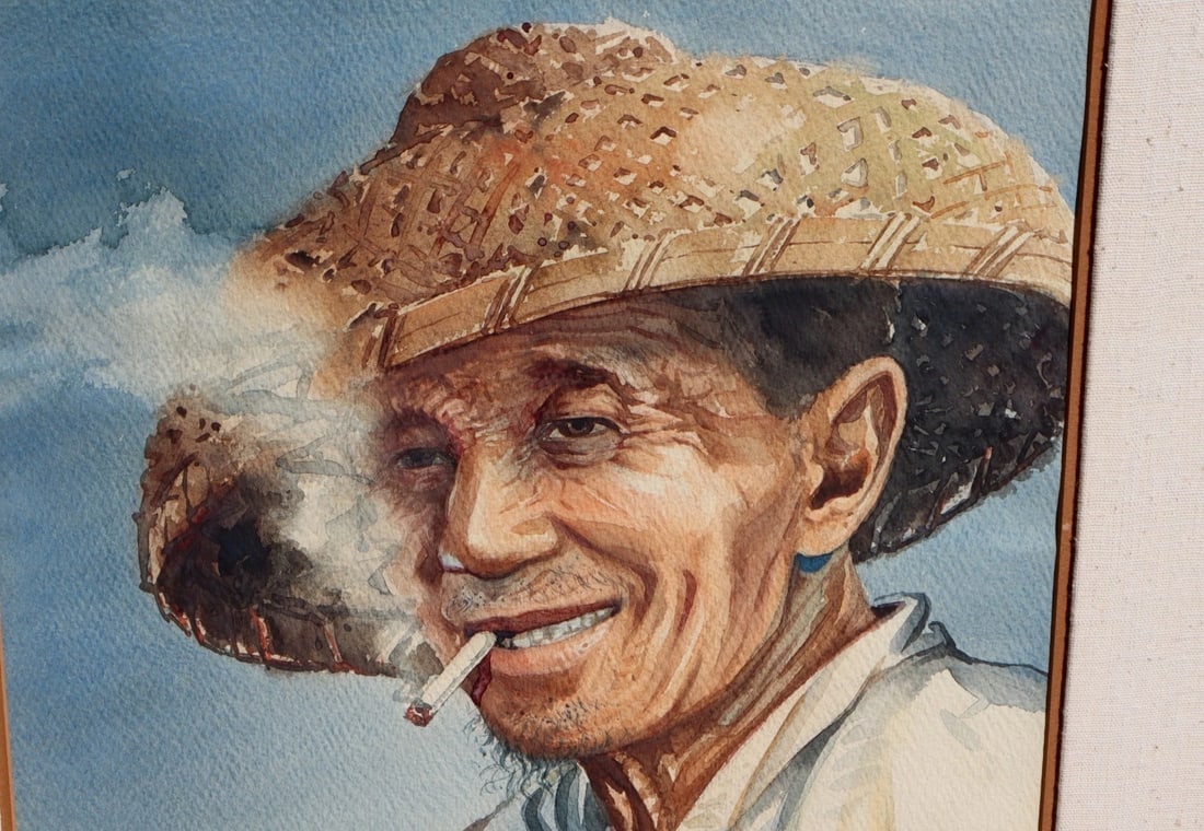 KAM CHEUNG LING Original watercolor Chinese Man in Coolie Hat Smoking Cigarette - 4