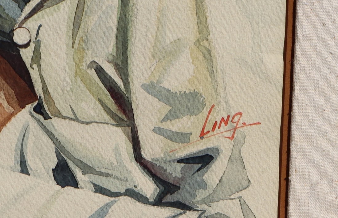 KAM CHEUNG LING Original watercolor Chinese Man in Coolie Hat Smoking Cigarette - 6