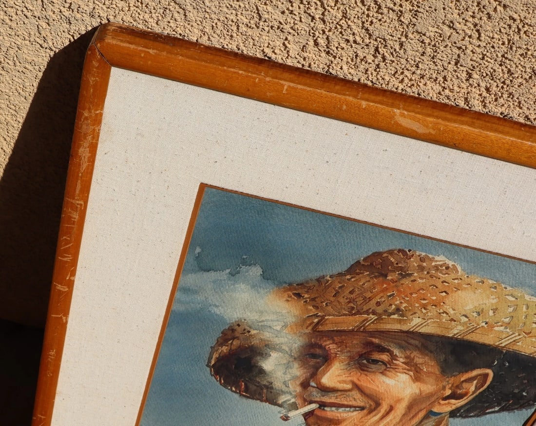 KAM CHEUNG LING Original watercolor Chinese Man in Coolie Hat Smoking Cigarette - 7