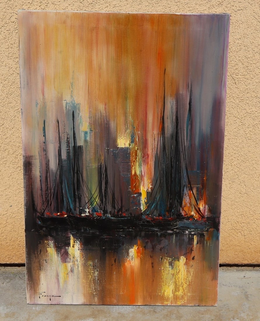 OZZ FRANCA Original MCM oil painting Boats in the Harbor by a City Metropolis - 2