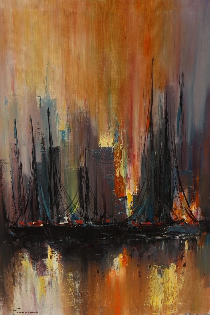 OZZ FRANCA Original MCM oil painting Boats in the Harbor by a City Metropolis - 3