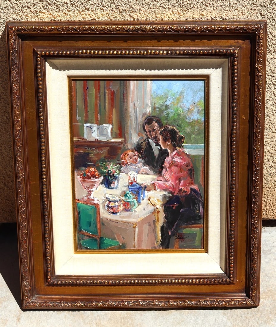 MYSTERY ARTIST Figures at a Colorful Dining Table with Vessels oil painting: Title:MYSTERY ARTIST Figures at a Colorful Dining Table with Vessels oil painting Description:MYSTERT ARTIST. Figures at a Colorful Dining Table with Vessels (Label on the back calls it "A Child's