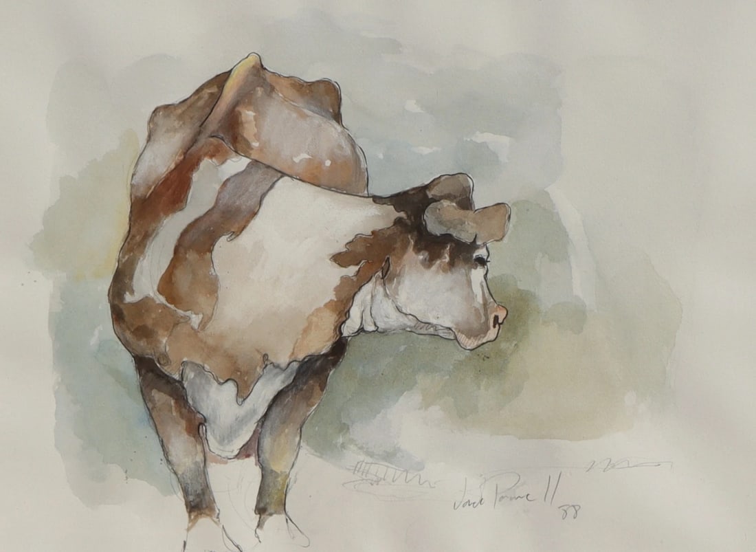 JACK POWELL Western Artist Standing Cow Watercolor 1988 Jerry Solomon Frame - 2